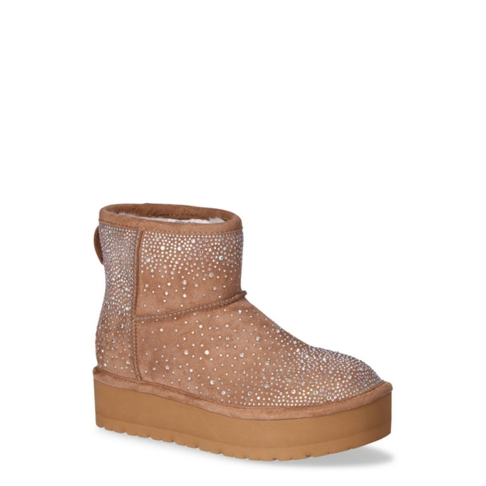 Women's Tan Suede Ankle Boots with Rhinestones
